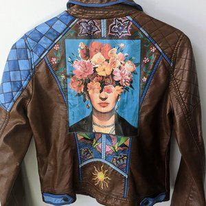 Women's Upcycled, Handpainted Frieda Kahlo Inspired Faux Leather Jacket, Size S